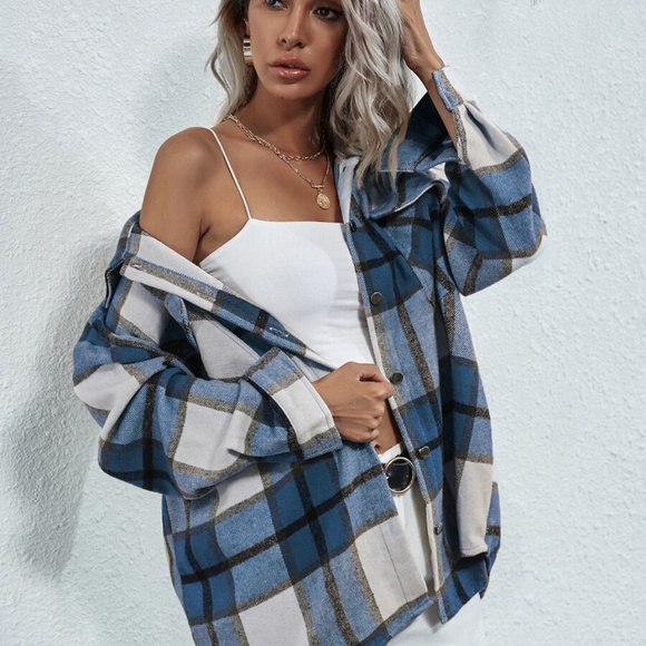 Boyfriend Fit Plaid Jacket oversized button pocket - Picture 3 of 12